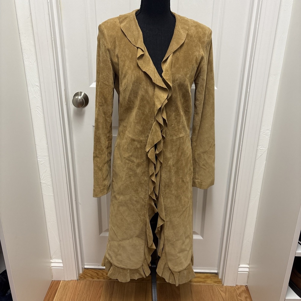 Margaret Godfrey Tan Suede Leather Boho Penny‎ Lane Lined Ruffle Coat - Size 4
